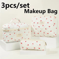 3 Pcs/Set Women Quilted Makeup Bag Cherry Pattern Cosmetic Handbag with Clutch Bag & Pen Case Large Capacity Travel Storage Bags