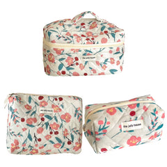 3 Pcs Cosmetic Bag Set Women Floral Makeup Pouch Japanese Flower Printed Quilted Skincare Storage Bag Aesthetic Beauty Wash Bags