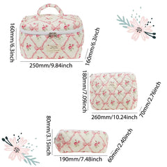 3 Pcs/Set Women Quilted Makeup Bag Cherry Pattern Cosmetic Handbag with Clutch Bag & Pen Case Large Capacity Travel Storage Bags