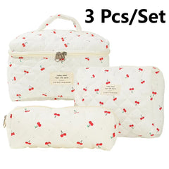 3 Pcs/Set Women Quilted Makeup Bag Cherry Pattern Cosmetic Handbag with Clutch Bag & Pen Case Large Capacity Travel Storage Bags