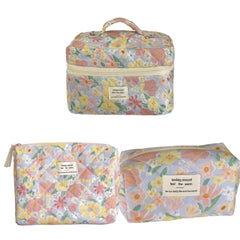 3 Pcs Cosmetic Bag Set Women Floral Makeup Pouch Japanese Flower Printed Quilted Skincare Storage Bag Aesthetic Beauty Wash Bags